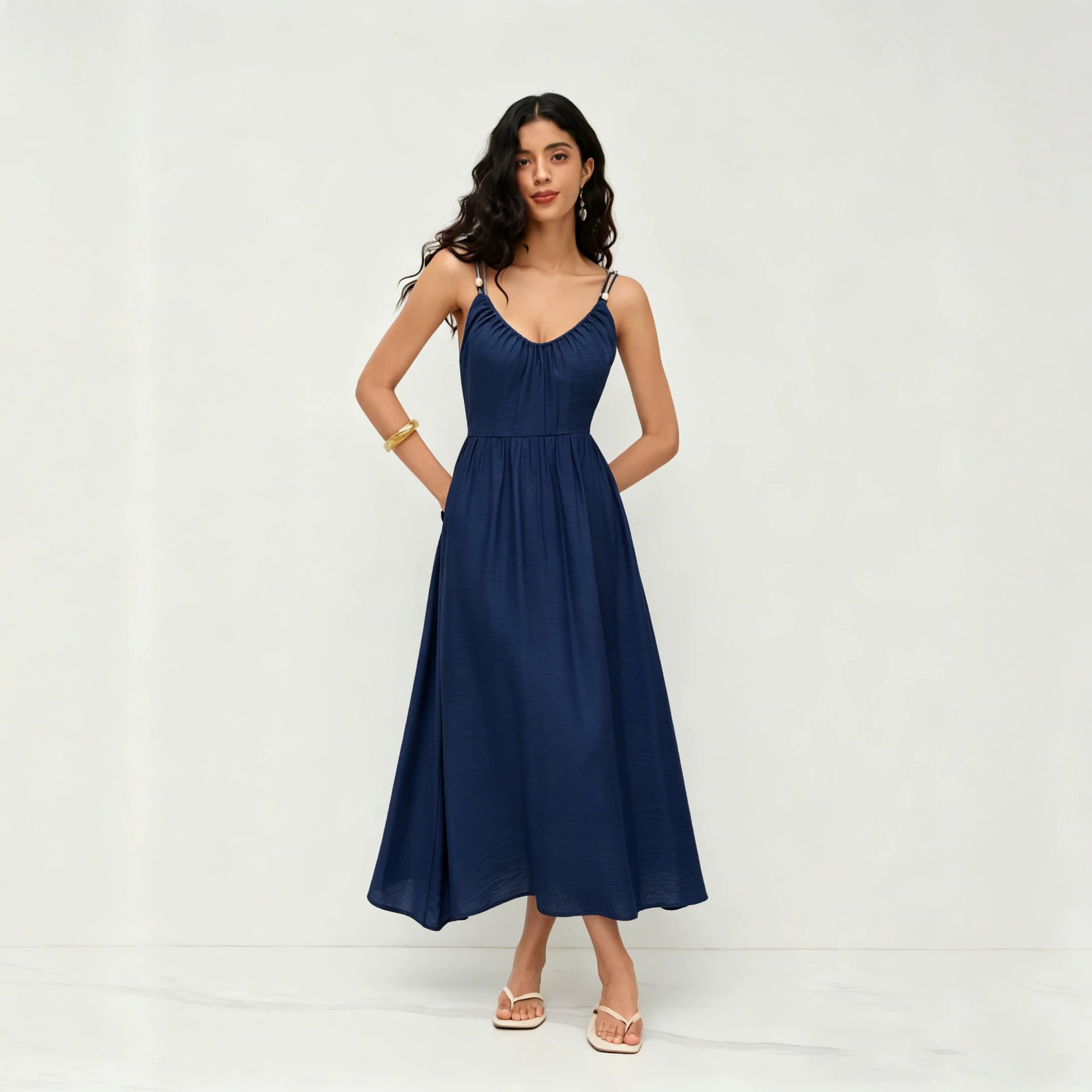Women's Open Back V-Neck Maxi Dress Sleeveless High Waist Flowy Summer Casual