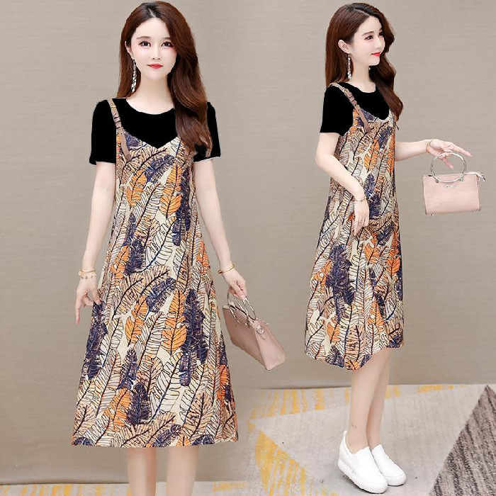 Plus Size Women's Summer Short Sleeve A-Line Dress with Faux Two-Piece Color Block Print