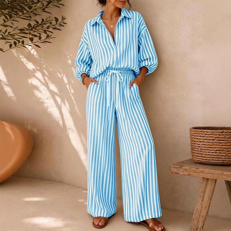 Striped Top & Solid Wide-Leg Pants Two-Piece Set