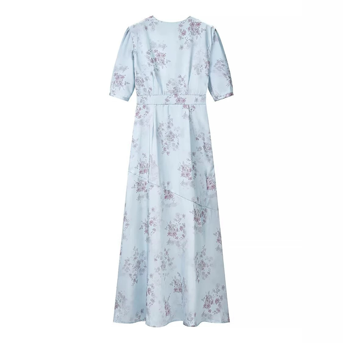 Light Blue Floral V-Neck A-Line Midi Dress