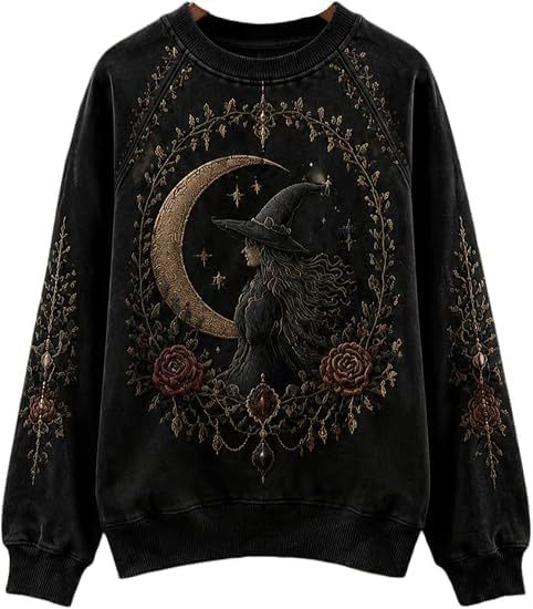 Halloween Witch Hat Print Crewneck Long-Sleeve Pullover Sweatshirt