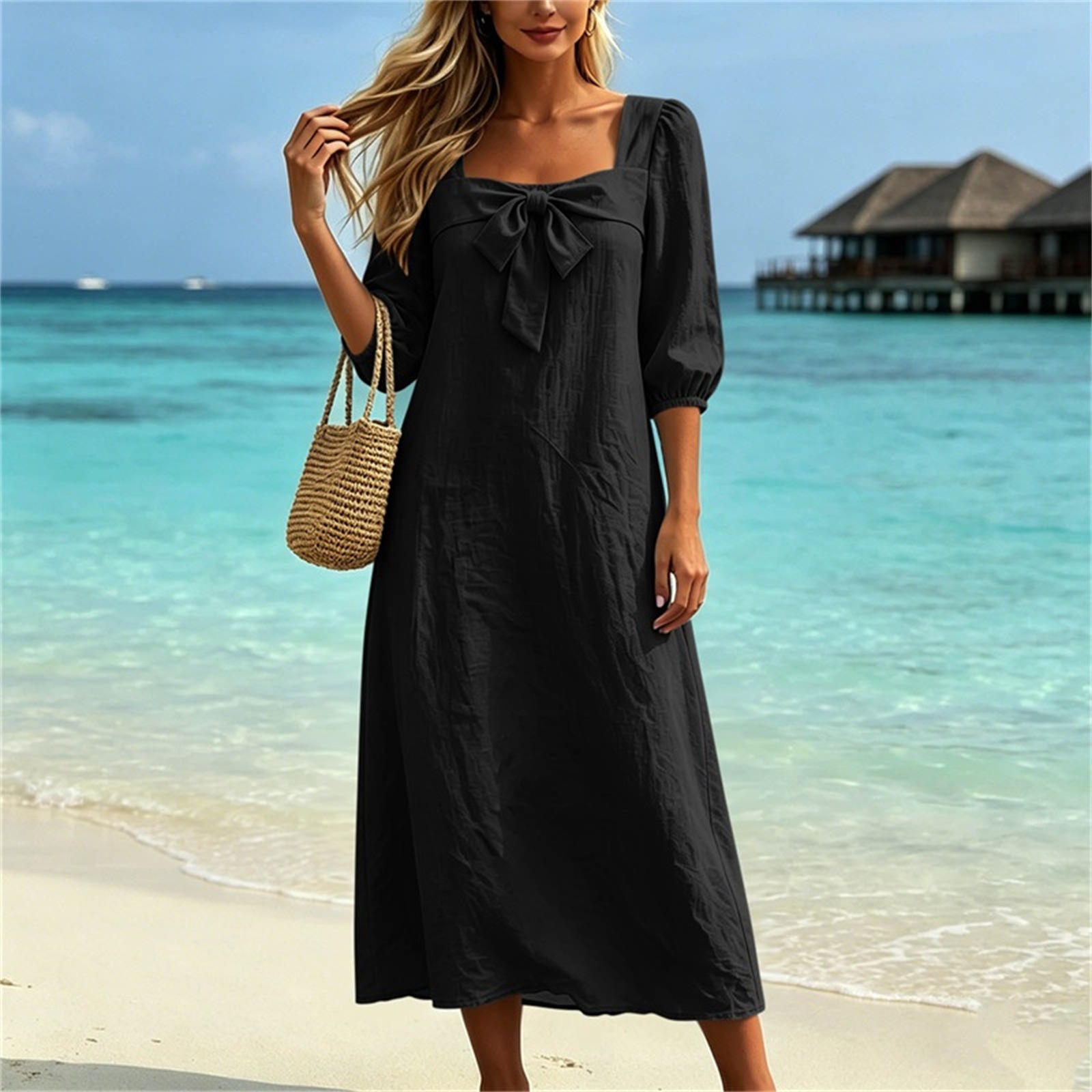 Women's Cotton Linen Square Neck Bow 3/4 Sleeve Solid Casual Dress