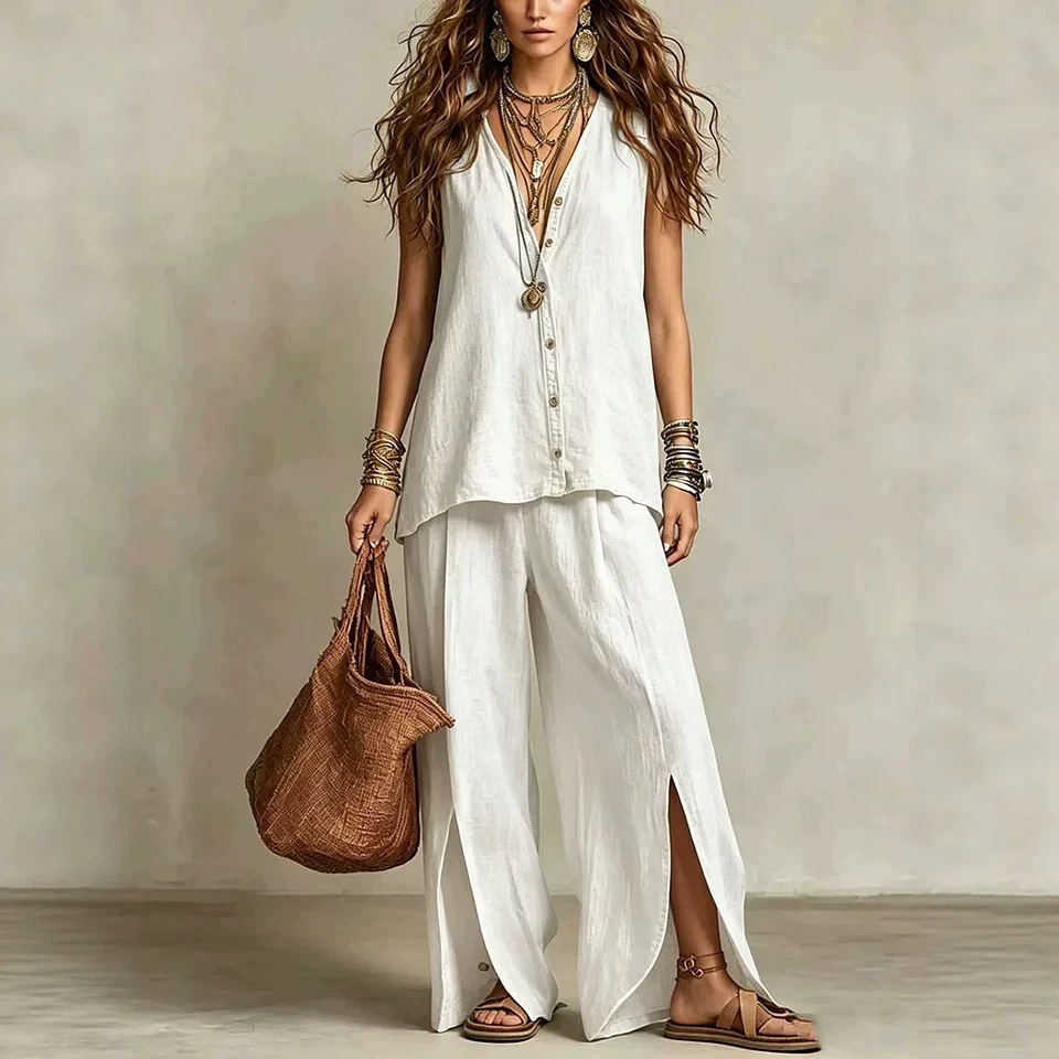 Women's Sleeveless V-Neck Button Lounge Set Casual Beach Two-Piece
