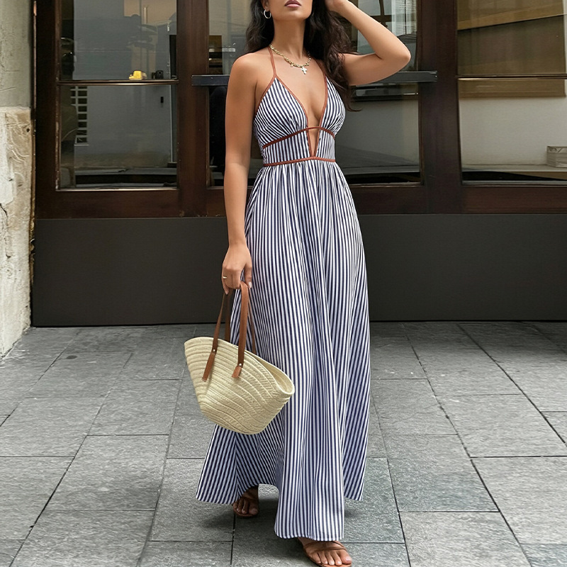 Women's Deep V-Neck Striped Sleeveless Maxi Dress