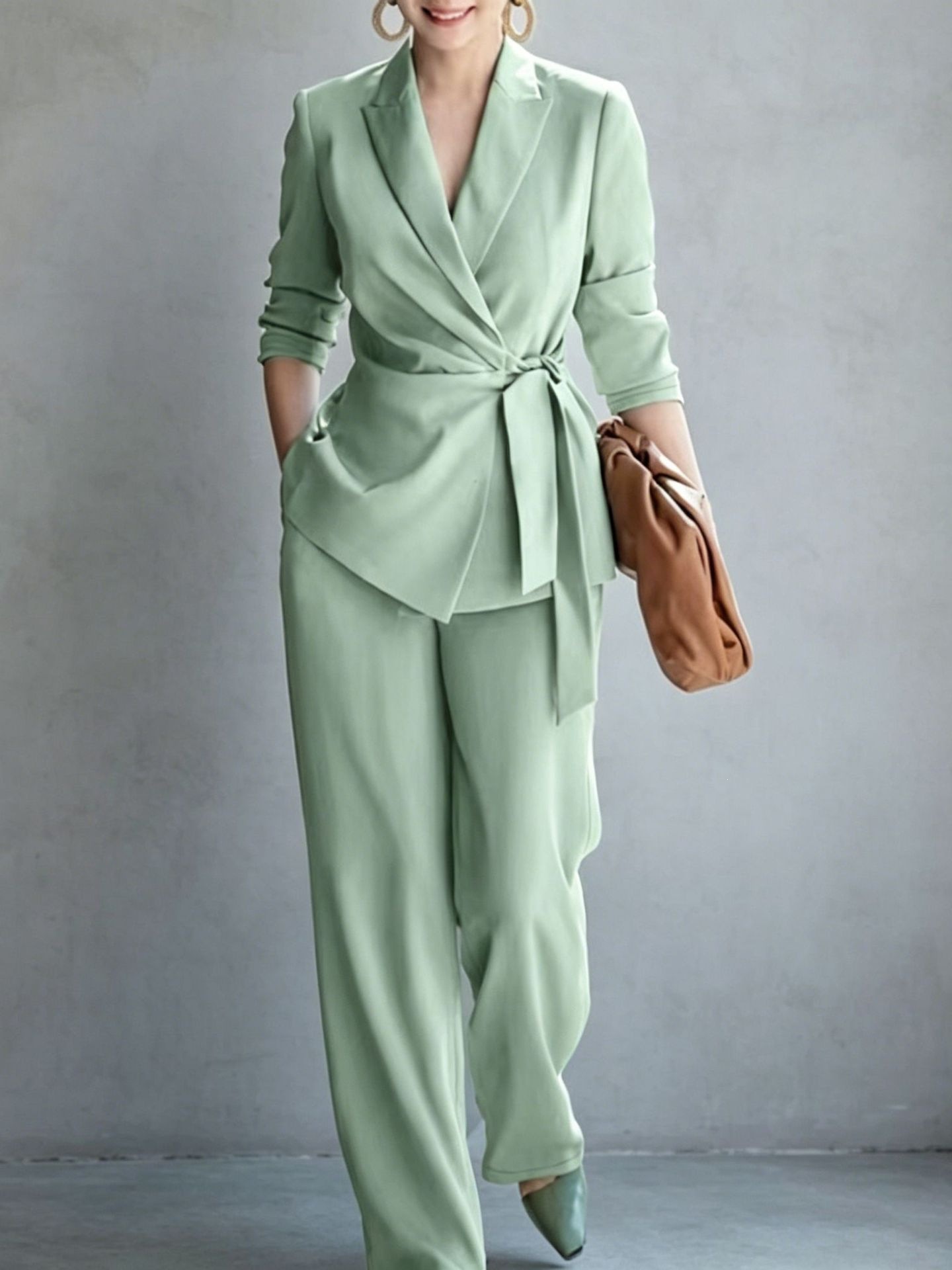 Women's Solid Color Belted Blazer and Pants Two-Piece Set