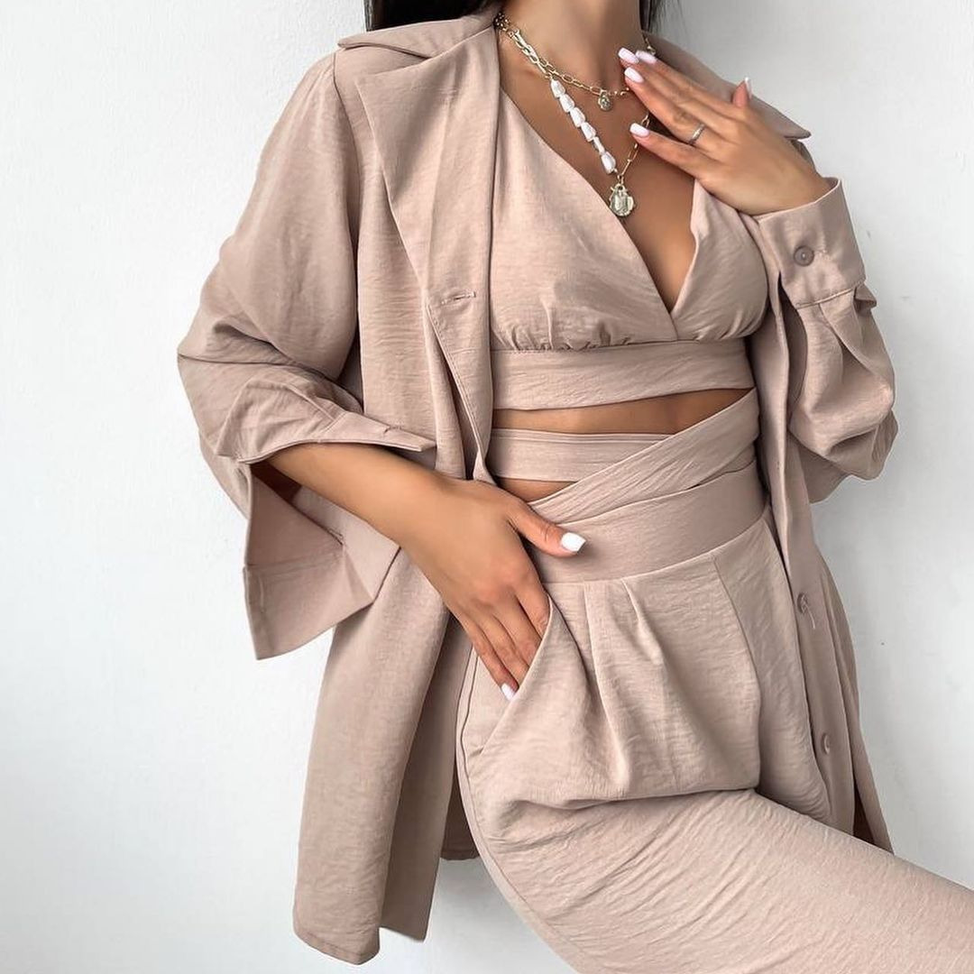 Lace-Up Cami Top and High-Waist Straight Pants Suit with Blazer