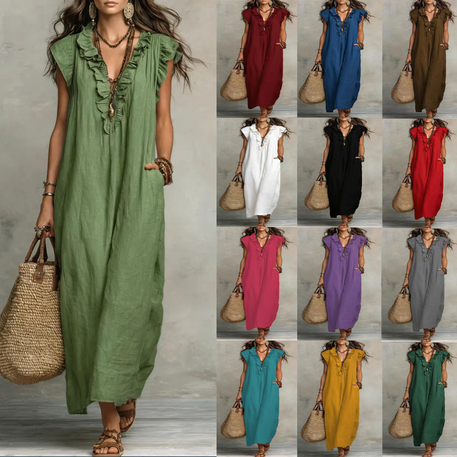 Women's V-Neck Ruffle Loose Long Dress with Pockets