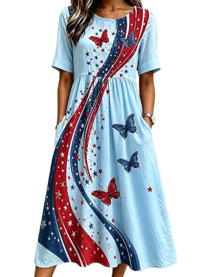 Women's Elegant Butterfly Line Print Pleated Midi Dress