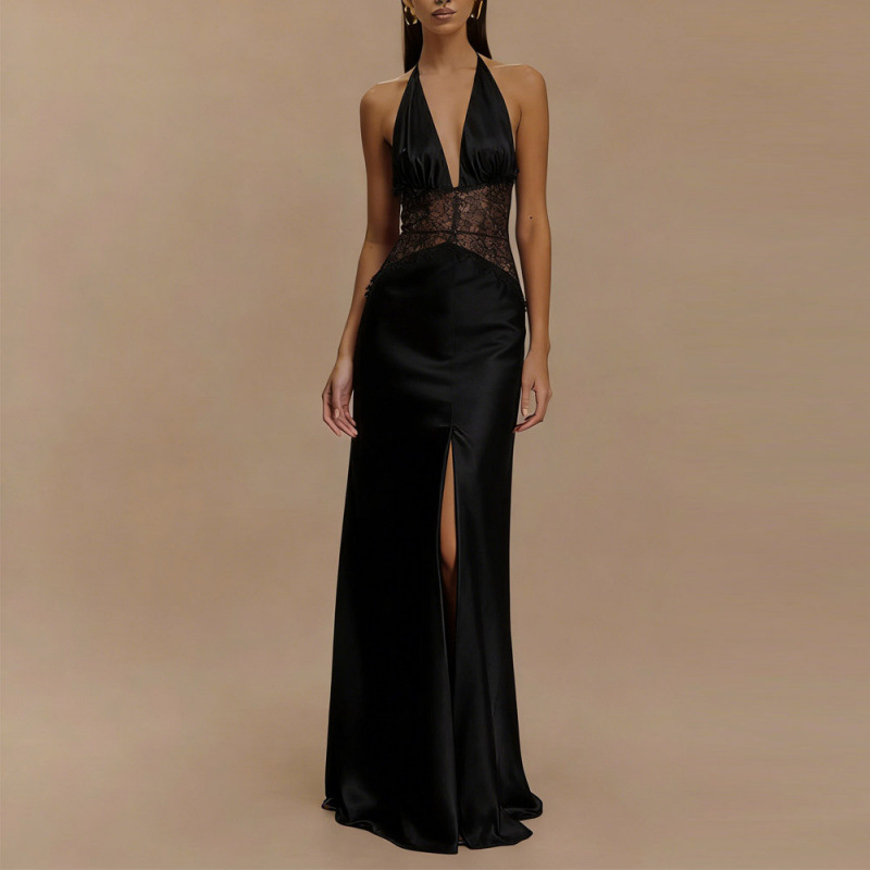 Women's Deep V Lace Sheer Backless Maxi Dress