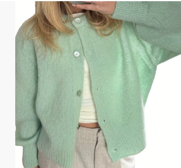 Women's Loose Knit Button-Front Cardigan Sweater Long Sleeve Crew Neck