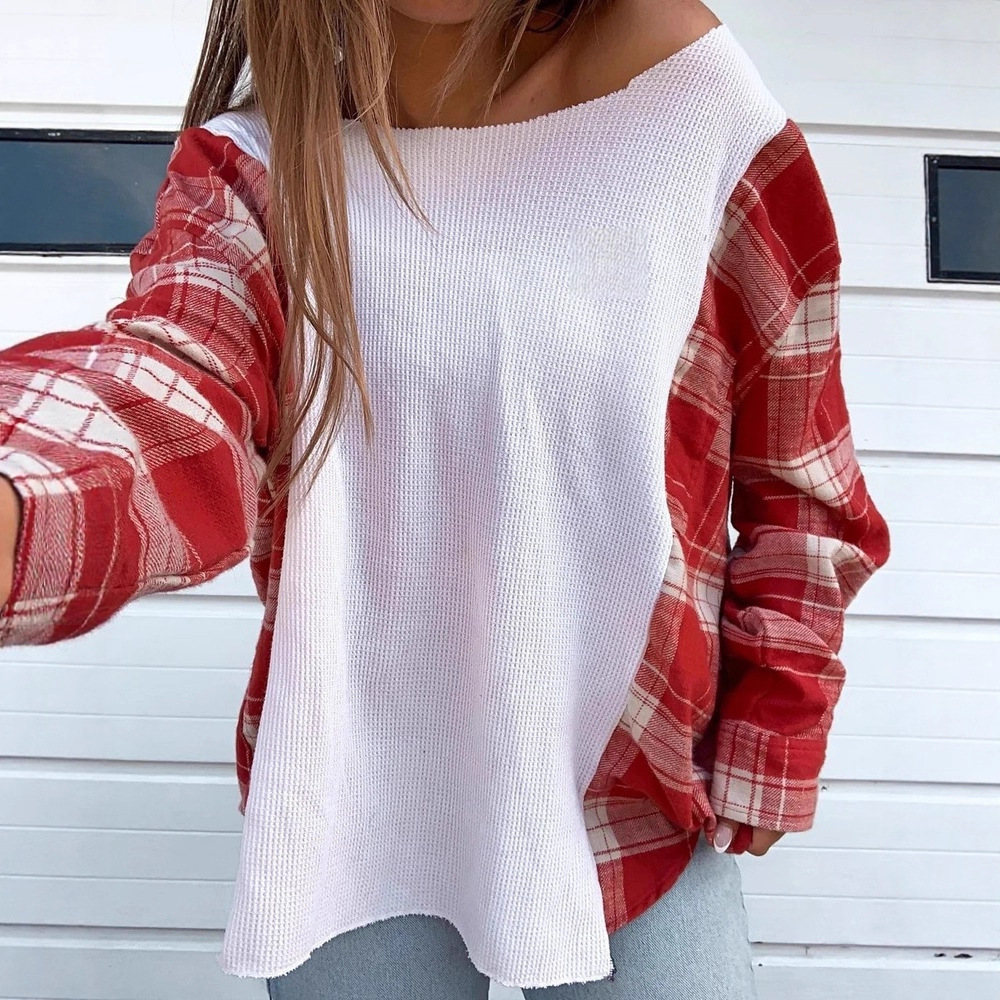 Women's Color-Block One-Shoulder Long-Sleeve Loose Knit Top