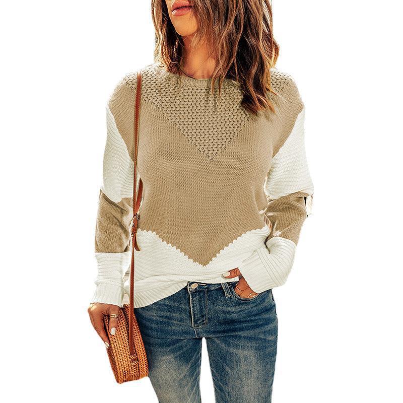 Women's Color-Block Crewneck Knit Sweater Long-Sleeve Pullover