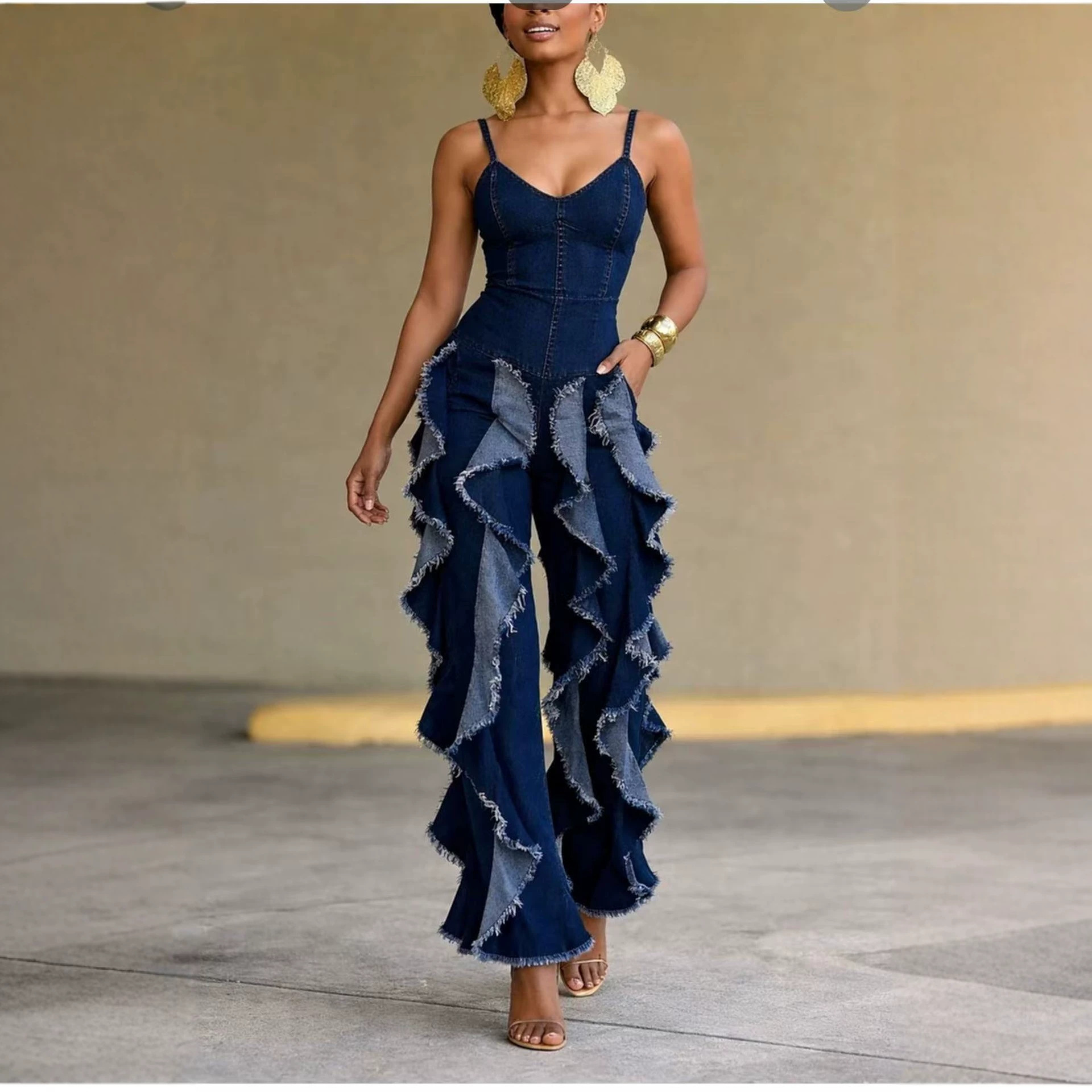 Sexy Deep V-Neck Backless Denim Spliced Ruffle Women's Jumpsuit