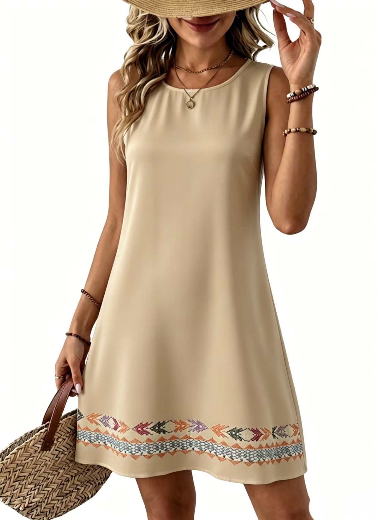 Women's Summer Round Neck Placement Print Linen-Texture Sleeveless Dress