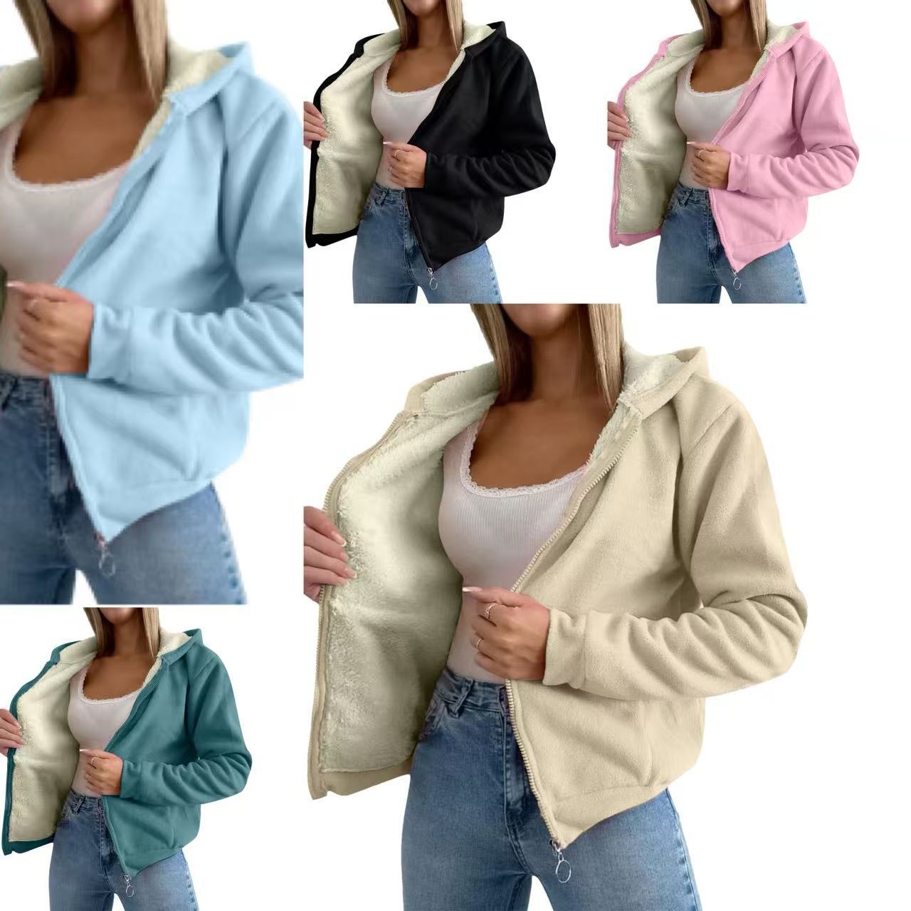 Women's Fleece-Lined Faux Shearling Hooded Zip Jacket