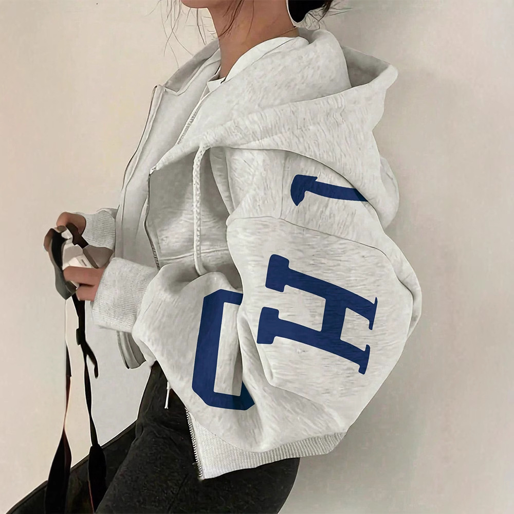 Women's Casual Letter Print Loose Hooded Zip-Up Sweatshirt