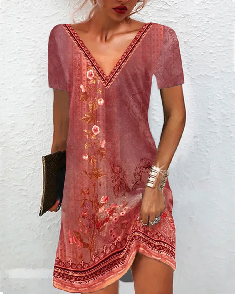 Ethnic Floral Print V-Neck Short Sleeve A-Line Midi Dress