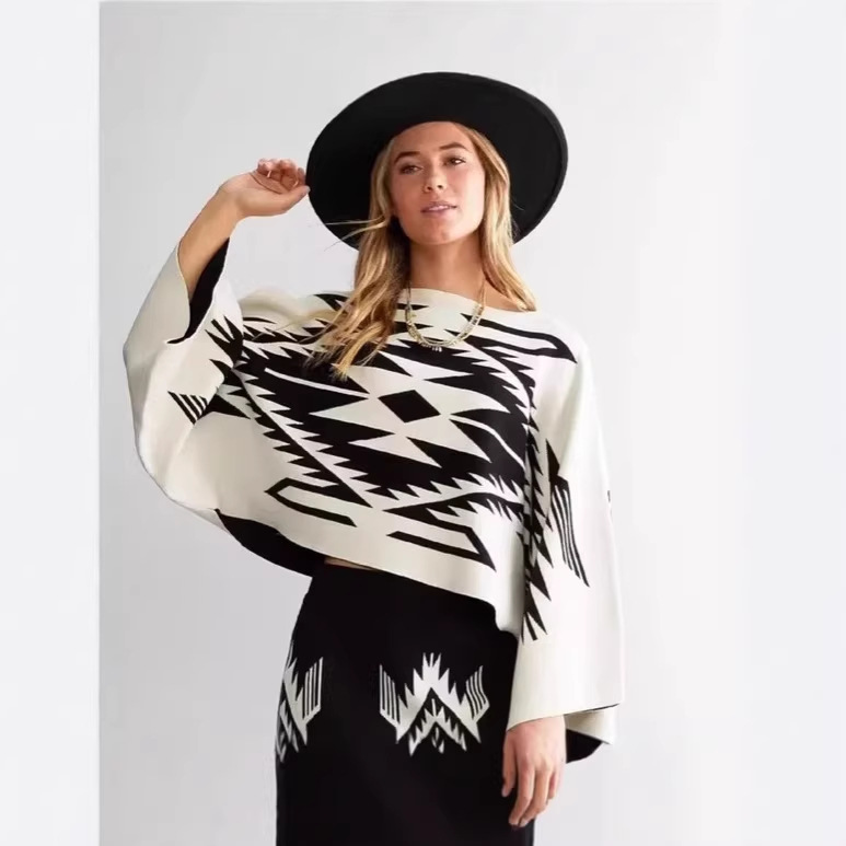 Women's Loose Knit Batwing Top with Print