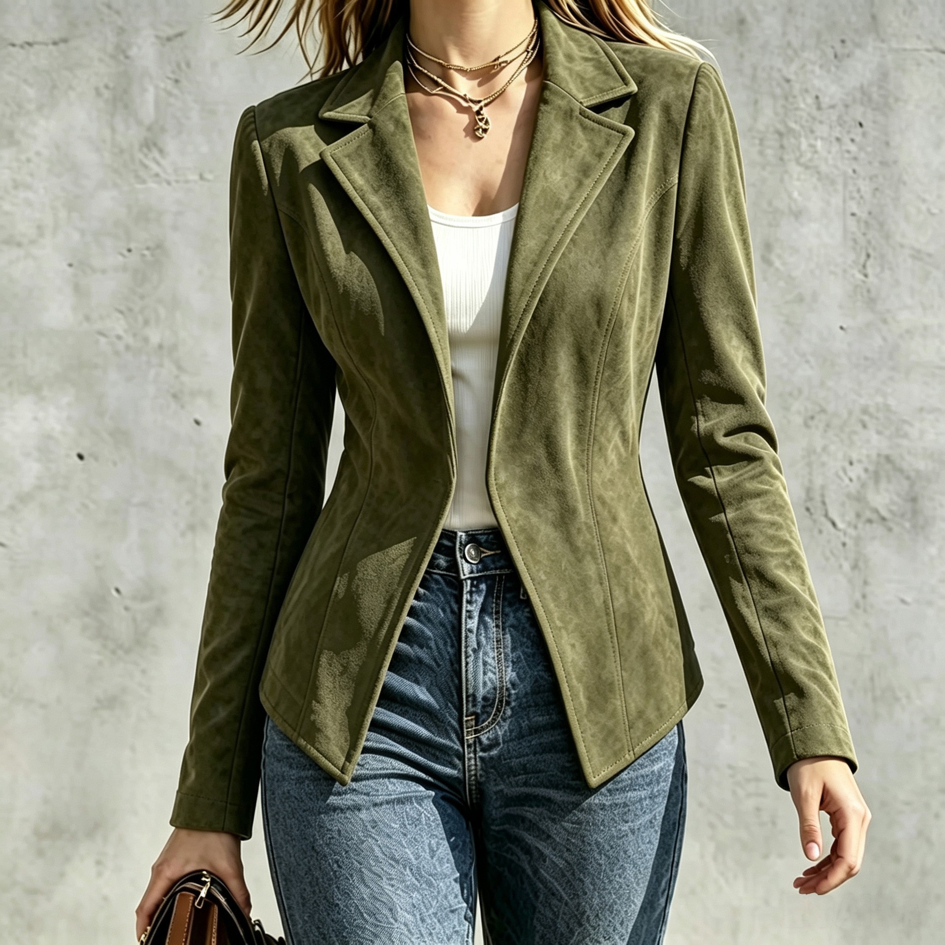 Faux Suede Slim Fit Lapel Collar Long Sleeve Jacket