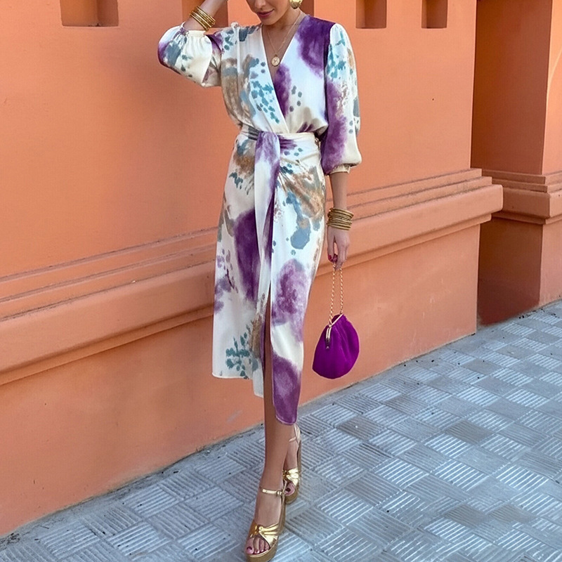 Elegant V-Neck Printed Two-Piece Skirt Set with Tie Detail