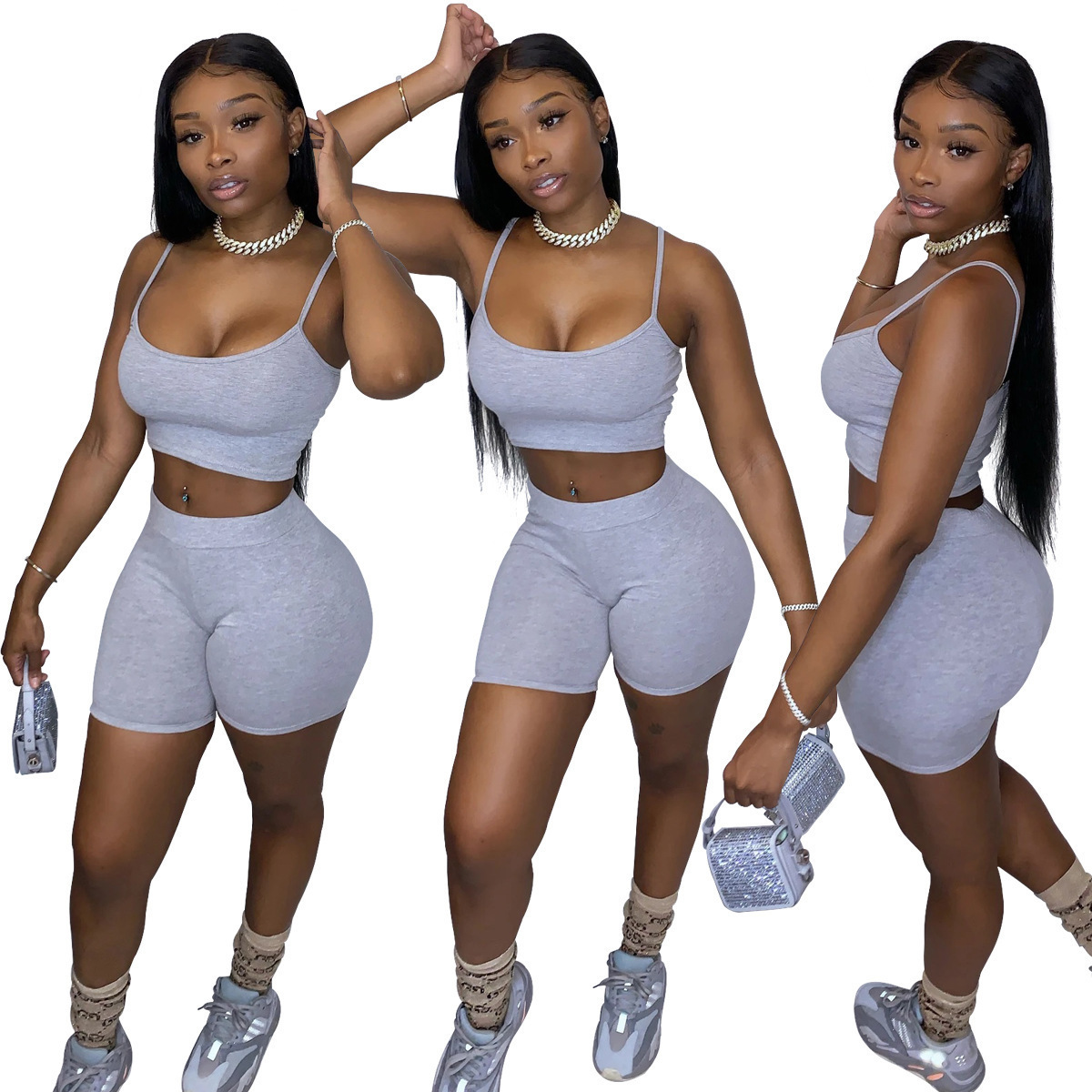 Women's Solid Color Crop Cami Top and Biker Shorts Set