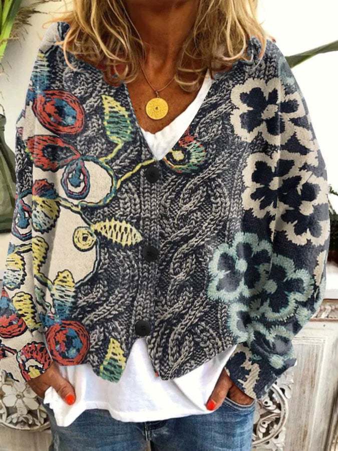 Abstract Print Open-Front Cardigan Sweater