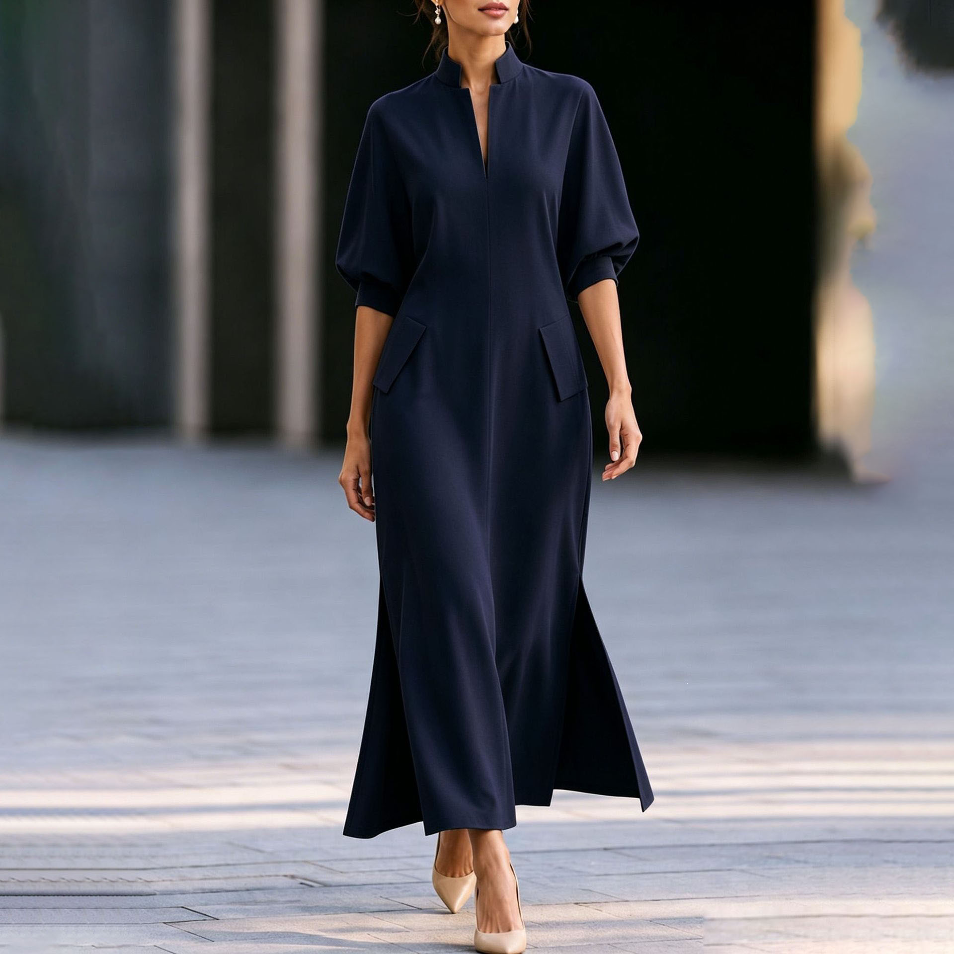Elegant Stand Collar Lantern Sleeve High Slit Midi Dress