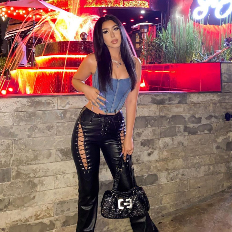 High-Waist Cutout Lace-Up Straight-Leg Slimming Faux Leather Pants