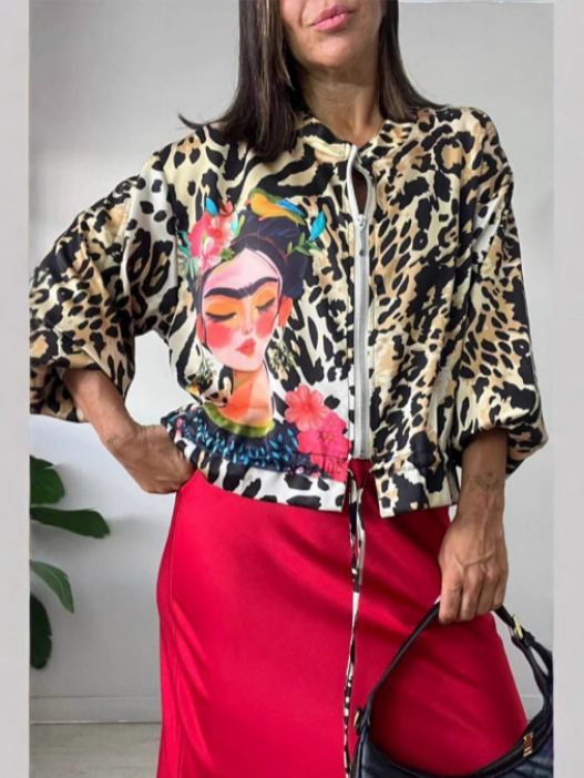 Women's Leopard Print Bomber Jacket Zip-Up Stand Collar