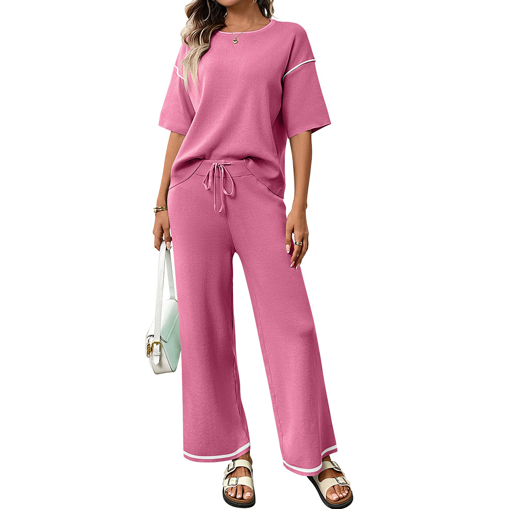 Women's Ice Silk Knit Short Sleeve Top and Pants Set Casual Solid Color