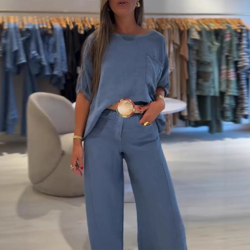 Women's Solid Color Round Neck Wide-Leg Pants Set Casual Two-Piece