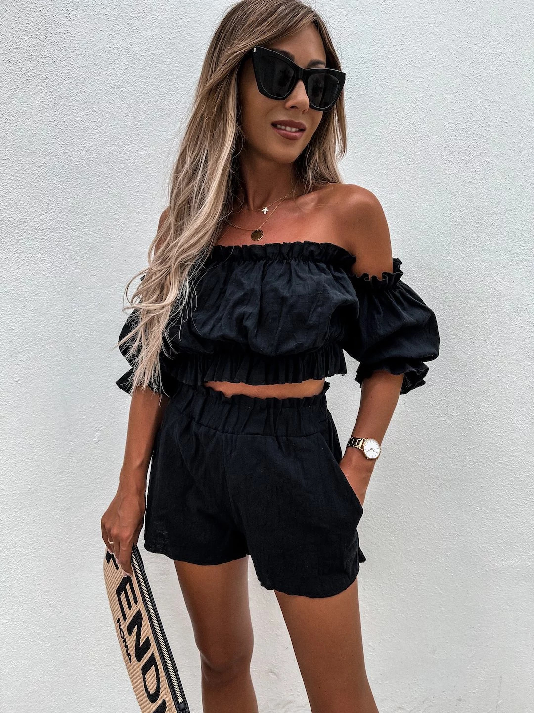 Off-Shoulder Tube Top and Shorts Two-Piece Set