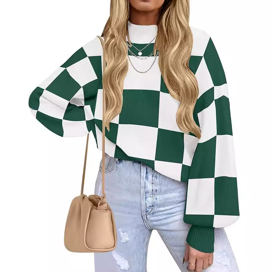 Women's Striped Ribbed Knit Turtleneck Long Sleeve Loose Pullover Sweater
