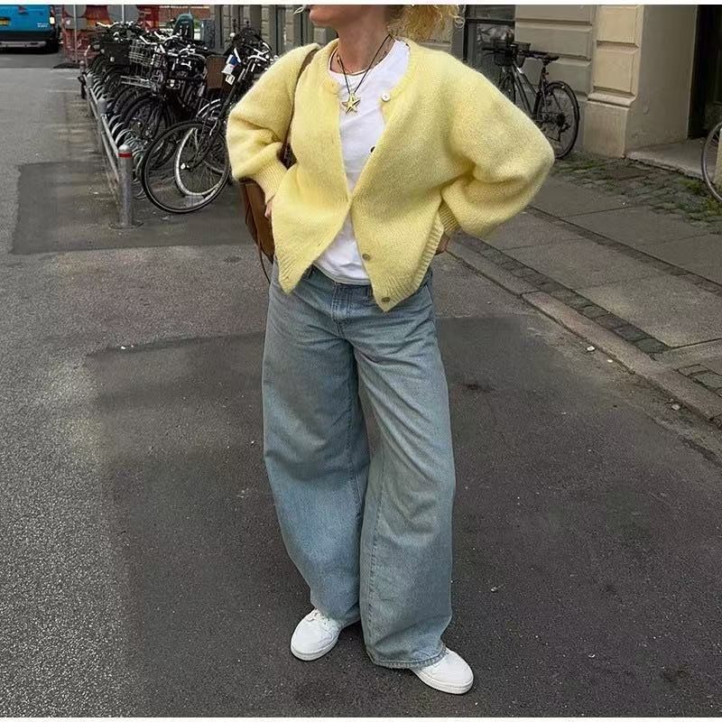 Women's Loose Knit Button-Front Cardigan Sweater Long Sleeve Crew Neck