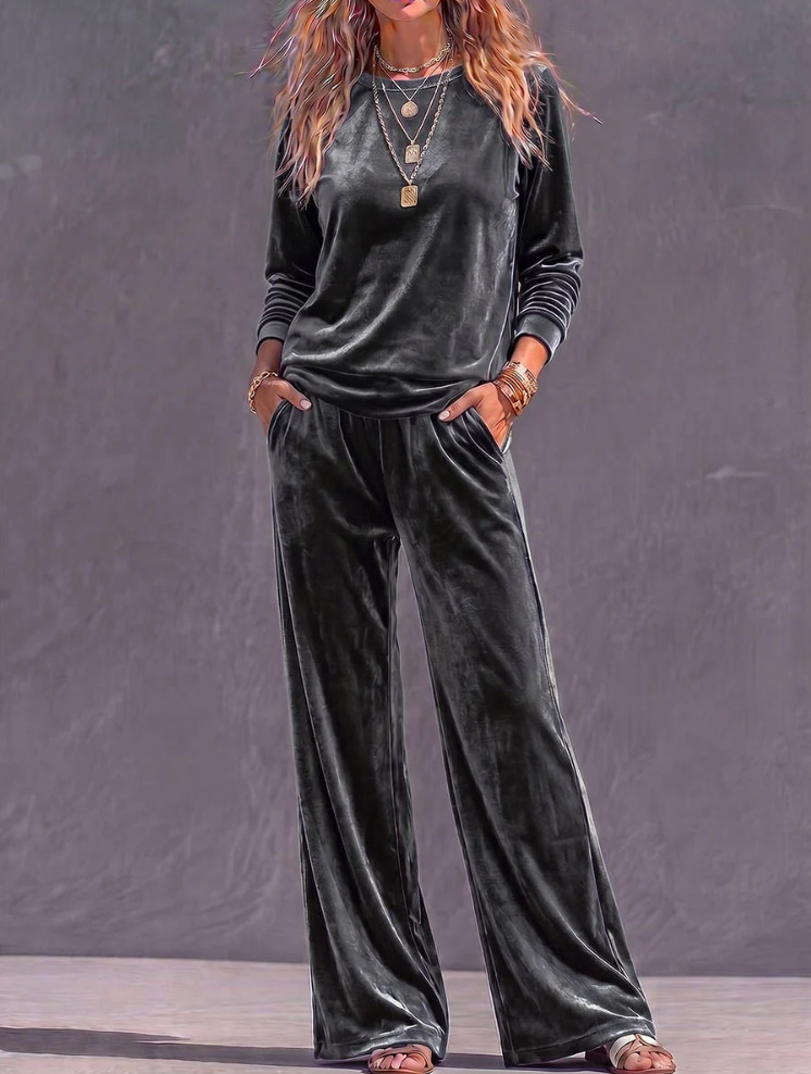 Women's Velvet Crewneck Long Sleeve Top and Pants Set