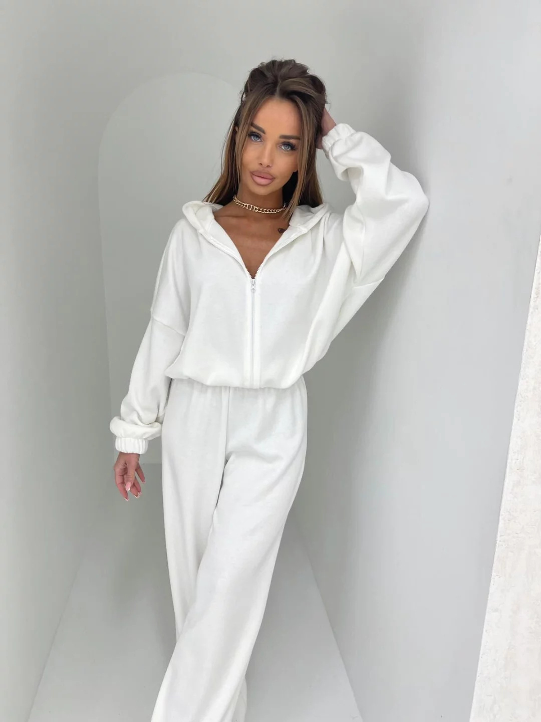 Women's Long Sleeve Hooded Zip Cardigan Sweatshirt and Elastic Waist Pants Two-Piece Set