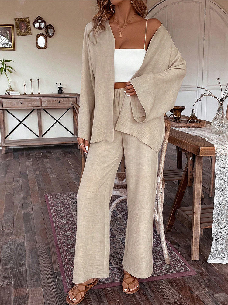 Women's Cotton-Linen Cardigan & Wide-Leg Pants Two-Piece Set