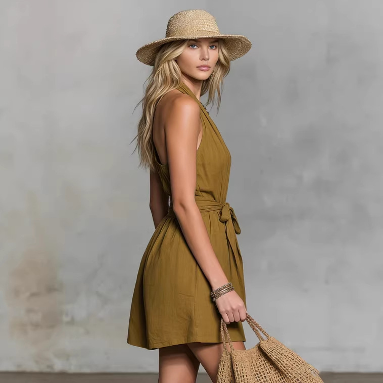 Vintage Open-Back V-Neck Sleeveless Mini Dress