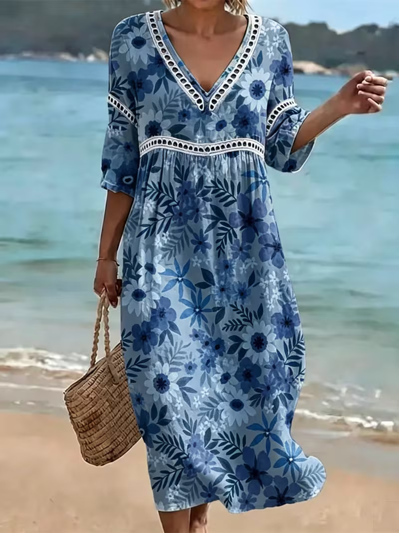 Women's Floral Print Pleated Midi Dress Deep V-Neck Five-Sleeve Slim Fit