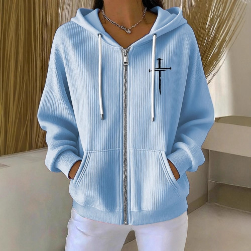 Women's Cross Print Ribbed Hoodie Long Sleeve Crew Neck Zip Up