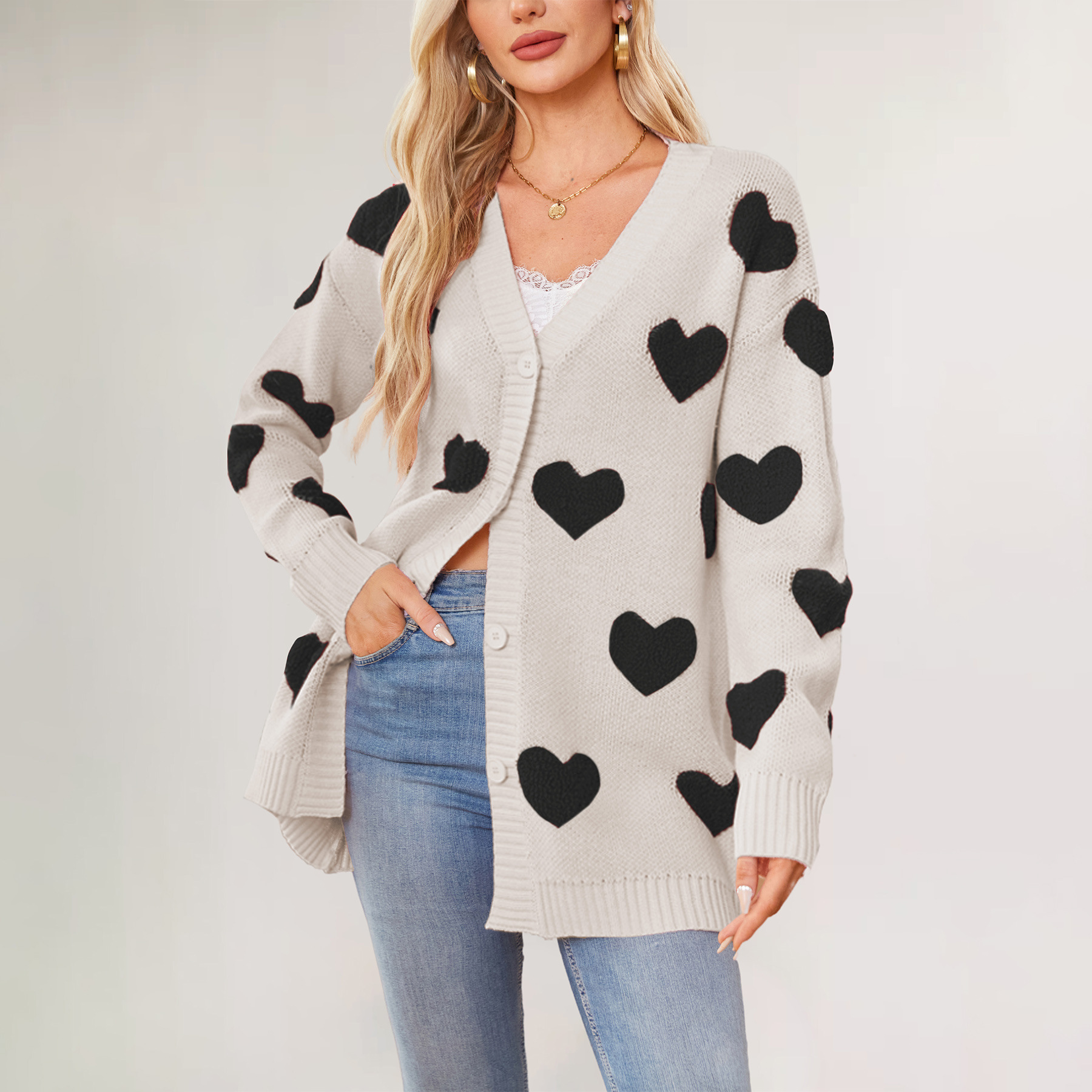 Heart Jacquard Knit Midi Cardigan V-Neck Button-Up Women's
