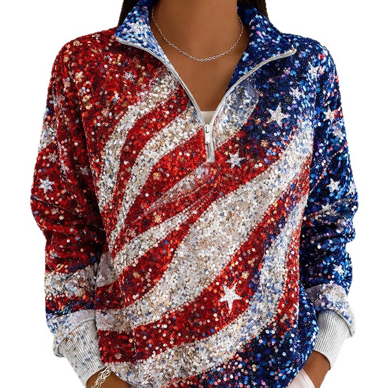 American Flag Star Print Half-Zip Hoodie for Women