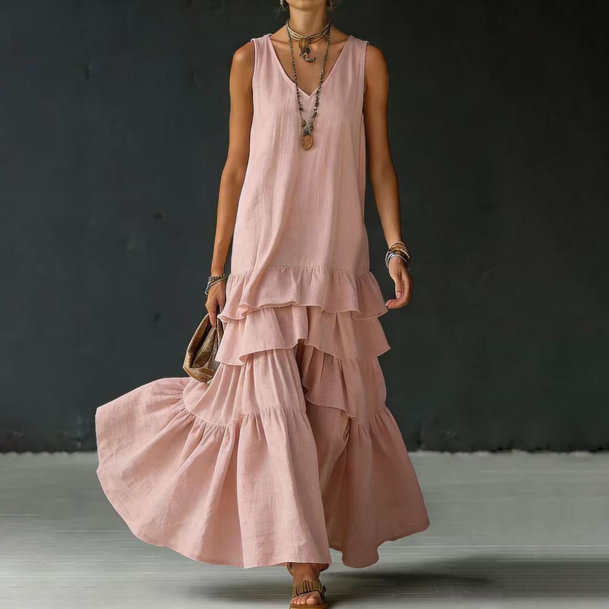 Women's Summer Beach Vacation Dress Solid Color Tiered Maxi Dress