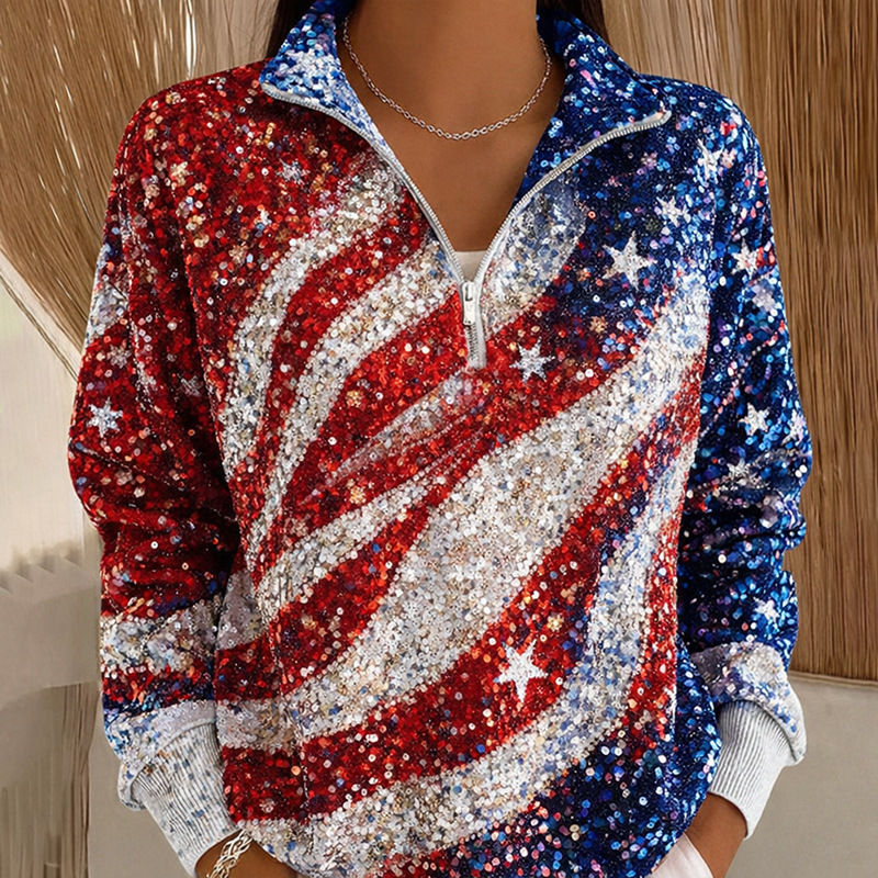 American Flag Star Print Half-Zip Hoodie for Women