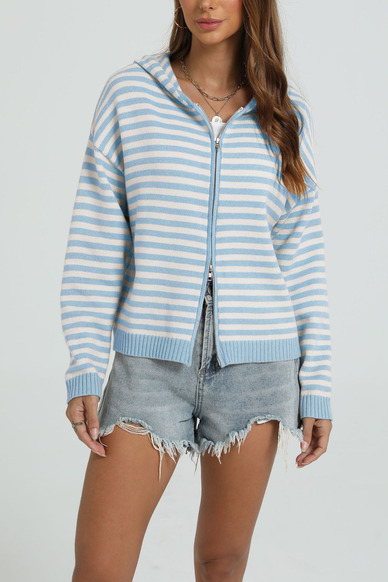 Women's Casual Hooded Striped Colorblock Knit Zip Cardigan