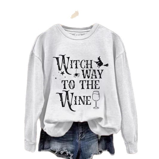 Women's Halloween Witch Wine Glass Print Crewneck Sweatshirt