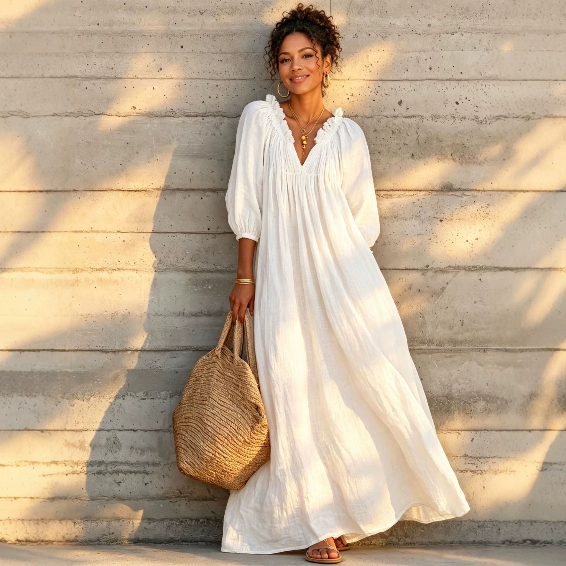 V-Neck Lantern Sleeve Boho Maxi Dress