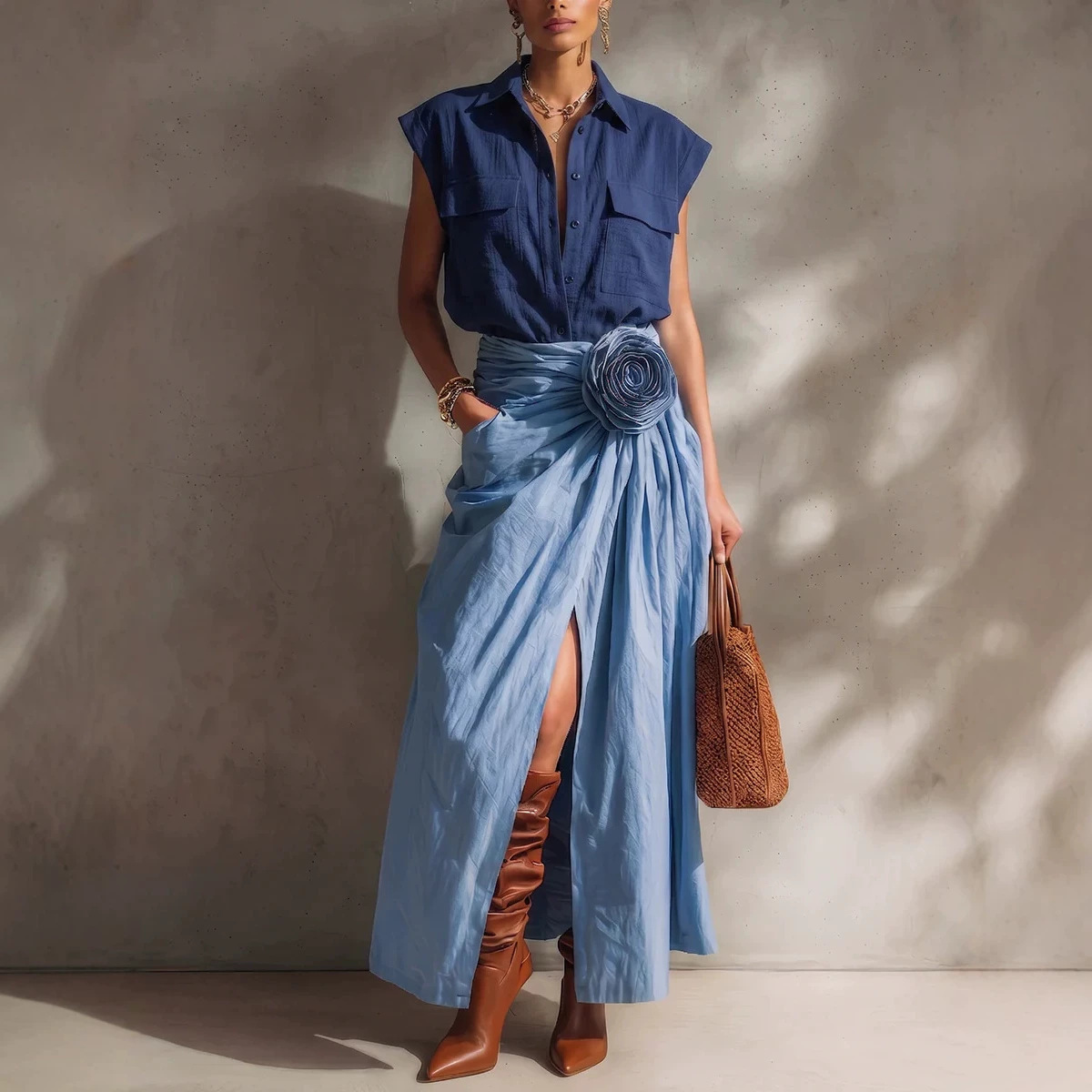 Polo Collar Cotton-Linen Shirt and Skirt Two-Piece Set