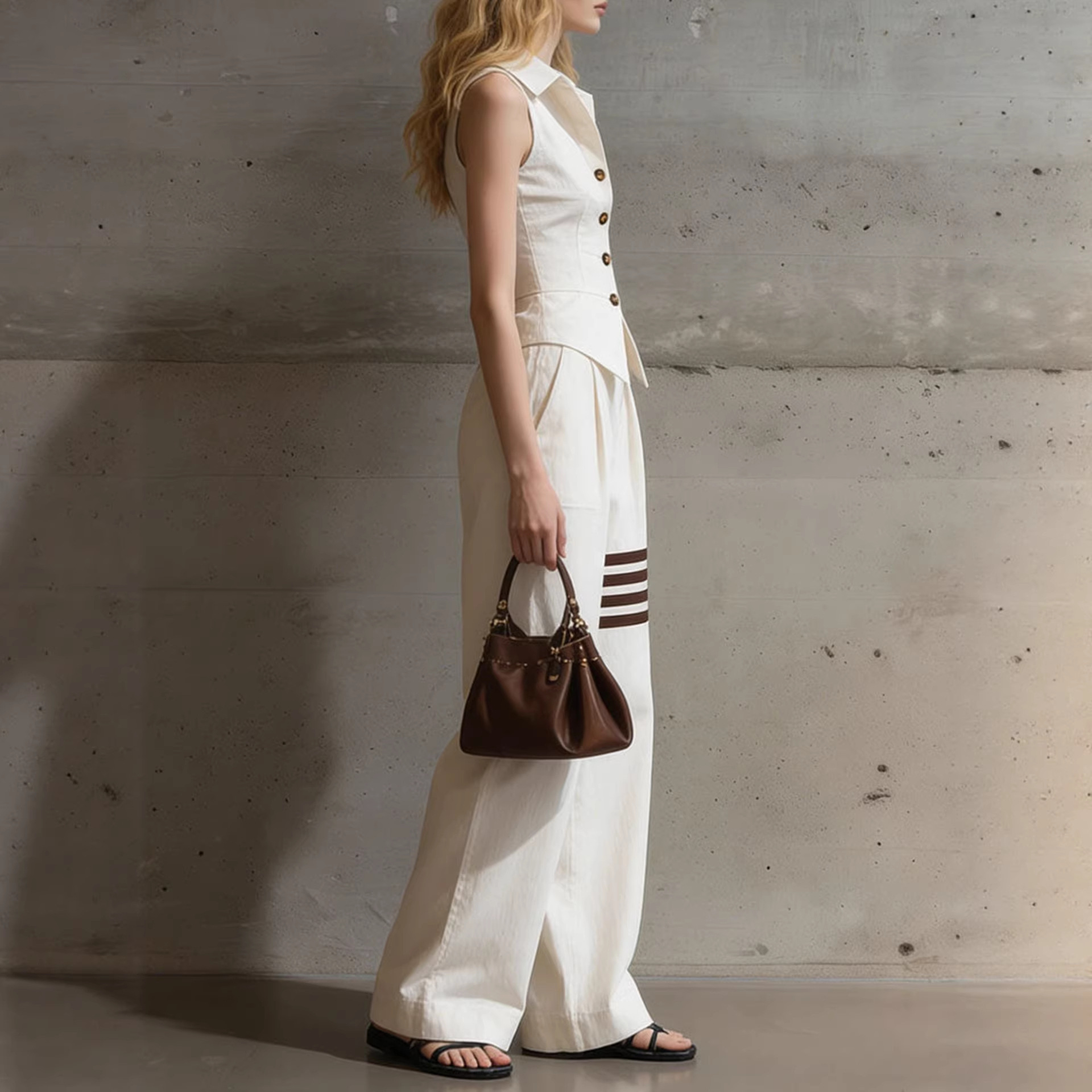 Sleeveless Button-Front Cinched-Waist Shirt & Wide-Leg Pants Set