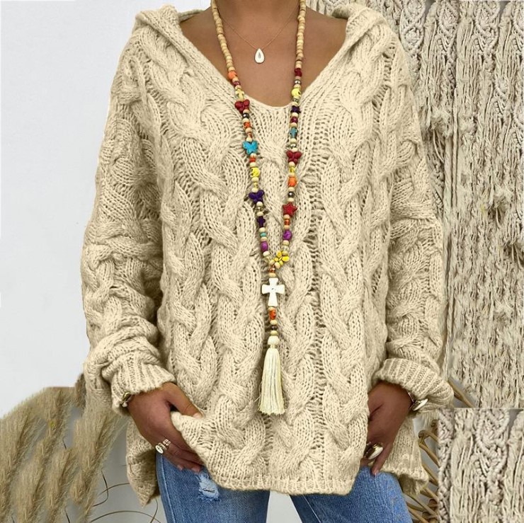 Women's Cable-Knit Hooded Sweater, Pure Color Pullover
